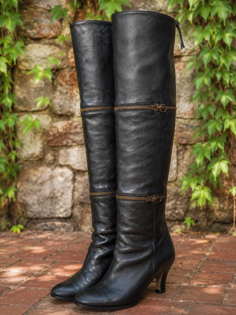 VINTAGE ALBERTA FERRETTI Rare Italian Triple Zip Lampo Black Leather Boots, 8B